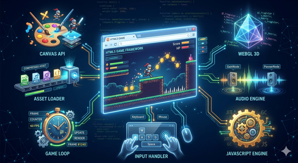 HTML5 game architecture diagram showing browser window with game scene connected to Canvas API, WebGL, JavaScript Engine, Game Loop, Asset Loader, and Audio Engine nodes